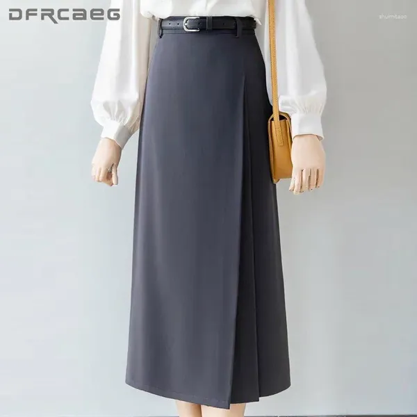 Saias da cintura alta elegante terno casual feminino feminino midi saia com cinto 2024 estilo coreano verão de trabalho de trabalho usa uma linha longa