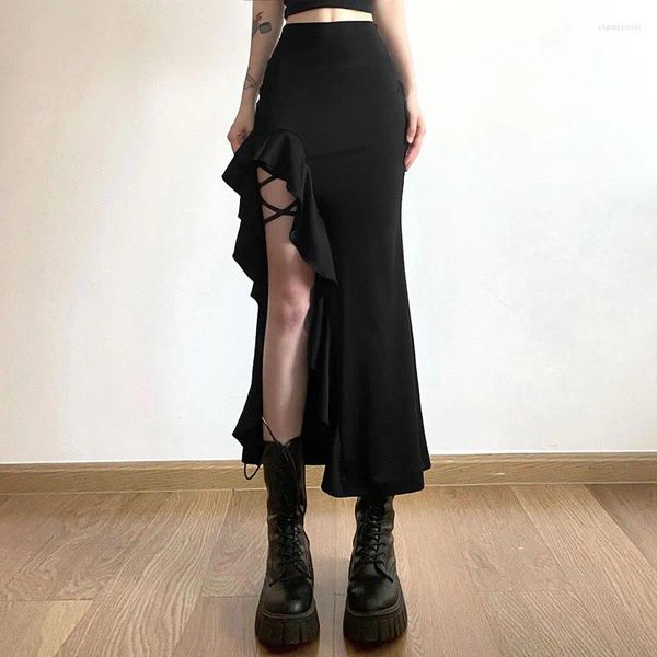 Saias góticas pretas Sexy slim midi size mulher y2k moda punk babados divididos uma linha harajuku streetwear toda a combinação