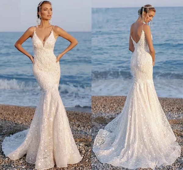 Tromba in pizzo Abiti da sposa sirena per la sposa Summer Beach Spaghetti Abiti da sposa sexy coda di pesce posteriore plus size abiti da festa della reception boho cl2123