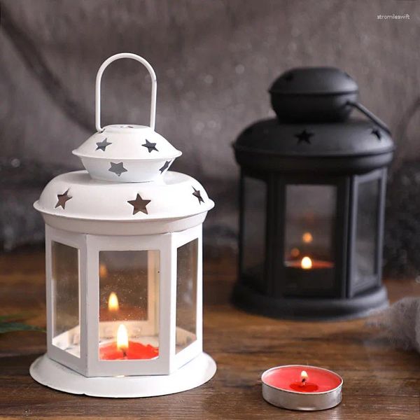 Titulares de vela European Candlestick Iron Star Pingente Lanterna Lanterna Vintage Decoração de Festa de Natal Marroquino Francesa