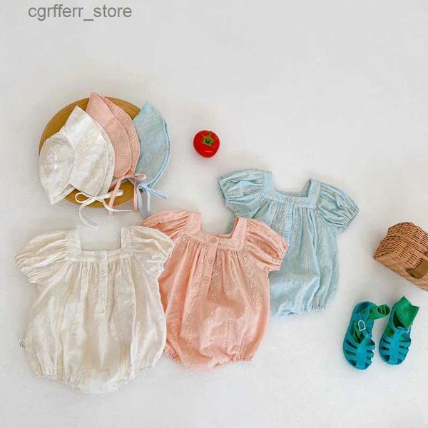Rompers 2pcs Summer Baby Girl Bodysuits per la manica a soffio di ricami neonati Principessa salto per bambini Abbigliamento con cappello L410