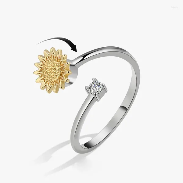 Clusterringe Kofsac wechseln Goldfarbe Sonnenblume Ring für verstellbare 925 Sterling Silber Schmuck Chic Shiny Zirkon