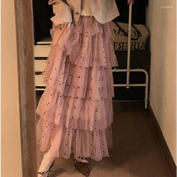 SAIRS COREAN Fashion Style Tule Bolo de saia rosa Y2K Kawaii Long A-Line Autumn Elegant High Caist Slim Feminino Roupas de Designer