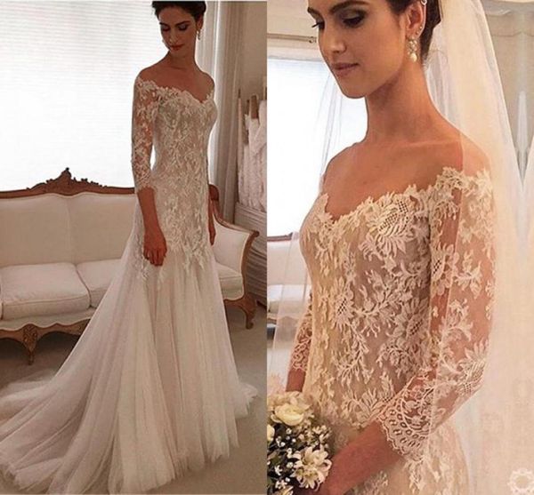 Vestidos de noiva populares de estilo ocidental v pescoço 34 mangas compridas vestidos de noiva Sweep Sweep Lace de trem e tule personalizada feita feita1514943