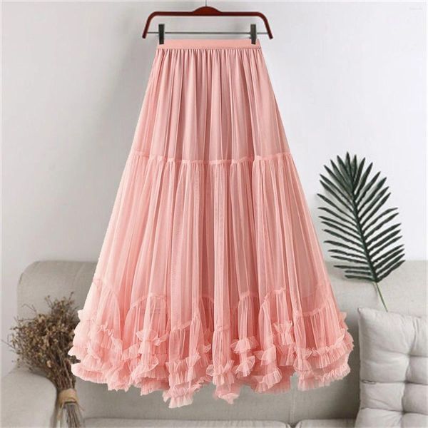 Röcke rosa hölzernes Ohr Tüll Fairy Rock Frühling Sommer koreanische Mode süße Plissee hohe Taille A-Line Swing Mesh Puffy