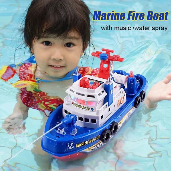 Spray Water Schwimmpool Elektrisches Boot Badespielzeug für Kinder Rettungsmodell Feuerboote mit leichten Musik -LED -Spielzeug für Baby 240411