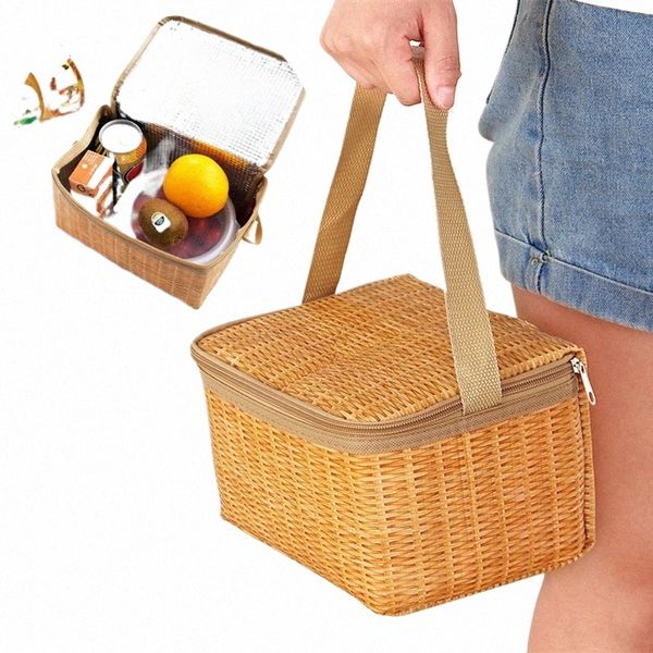 ao ar livre portátil imitati rattan saco de piquenique térmico bolsa de almoço térmico came cesto cesto de resfriador trazer refeição Ctaner d8cf#