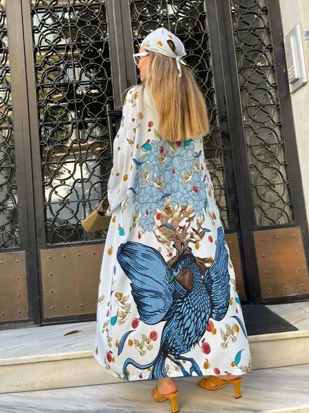 Lässige Kleider Vogeldruck Langes Kimono Kleid Boho Wrap 2024 Frauen Sommerkleidung Beach Wagen Street Maxi A1618