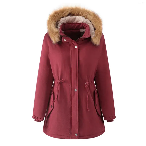 Frauenjacken Langarm Langarm Fleece Button Taille Taille Winterjacke 2024 Reißverschluss up abnehmbare Hoodie Taschen Langkleidung