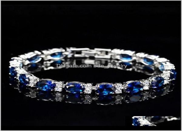 Bracelets Jewelryvictoria Luxury Jewelry Brand 925 Sterling Sier Oval Corte azul Sapphire CZ Diamond Ruby Women Wedding Bracelet for3227293