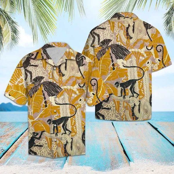 Camicie casual maschile da uomo Monkey Fantasy Stampa 3D dipinto a manica corta cubana da spiaggia cubana Y2K vestiti gialli top 24416