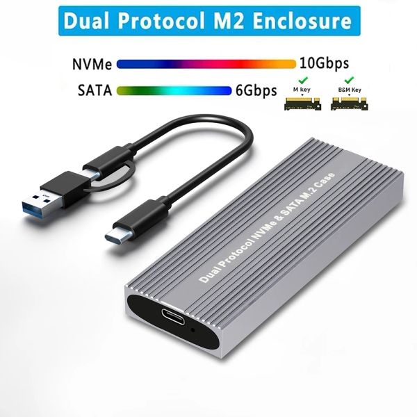 Gabinete SSD NVME M2 Casos de gabinete Dual Protocolo Dual M.2 SATA NVME SSD Caso externo Caixa livre para M/B+M Key 2230 2242 2260 2280 M2 SSD