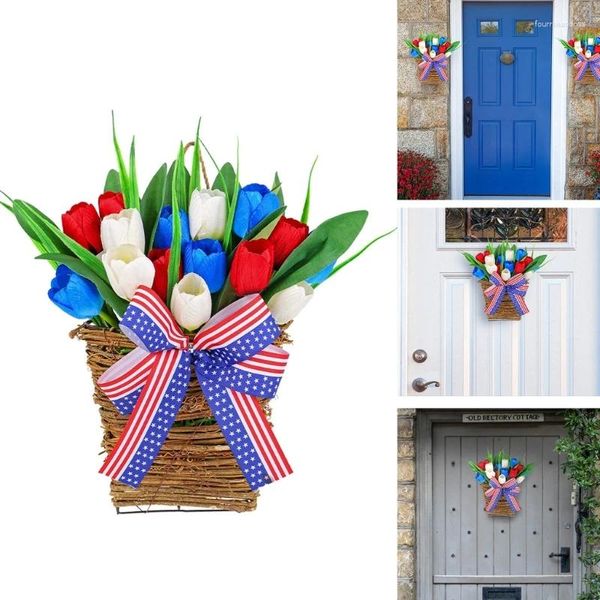 Flores decorativas do dia da independência KX4B Tulips Wreath Wreath Artificial Flower Portings Basket