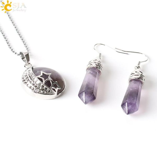 CSJA Bohemian Natural Gem Stone Dewelry Sets Moon Stars подвесной ожерелье крючок крючок свиная серьги Opal Amethyst Summer Beach Heieae7866314