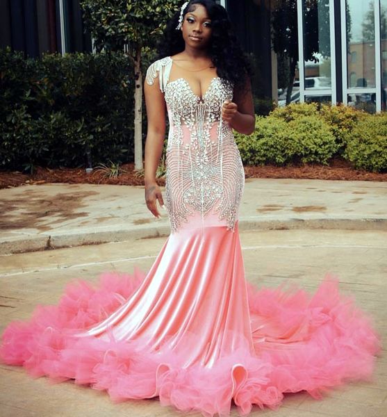 2024 ASO EBI Pink Meerjungfrau Prom Kleid Kristalle Perlen Velvet Abend Formale Party Zweiter Empfang 50. Geburtstag Verlobungskleider Kleider Robe de Soiree ZJ321