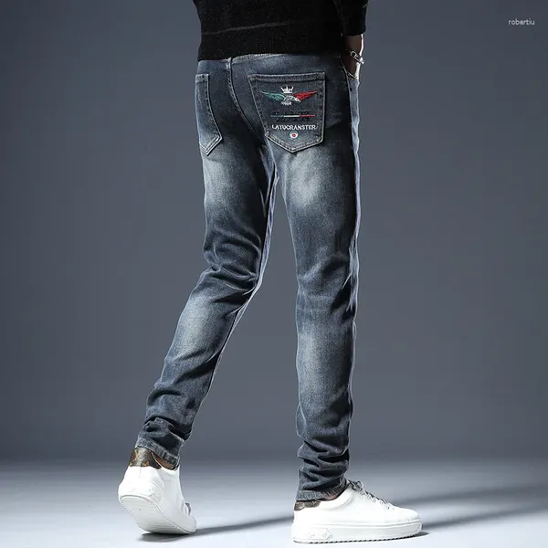 Jeans maschile High Street Fashion Men Retro Blue Slim Fit Designer Stamping Hip Hop Brand Pants Hombre