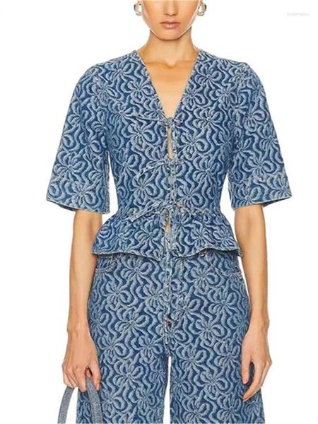 Kadınlar bluz kadınlar vintage denim jakard desen bluz bahar 2024 bayanlar v yaka dantel yukarı yarım kollu tatlı gömlek