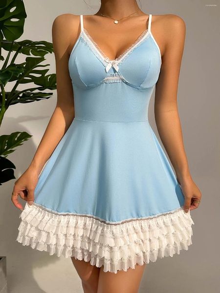 Abbigliamento da donna Sleep Vintage Night Night Night Blue Sexy in pizzo Vesto a V con cinturino comodo e carino da notte per pigiami