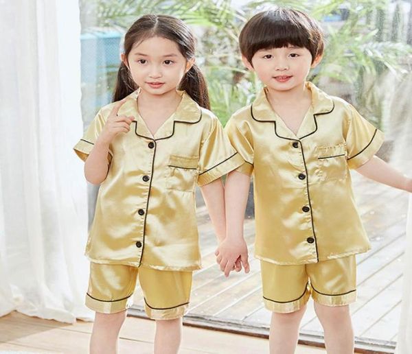 Pyjamas Kinder Pyjama Kinder Weihnachten Satin Seiden Pyjama Sets für Teenager Jungen Kinder 039s Tragen Sommermädchen 5849812