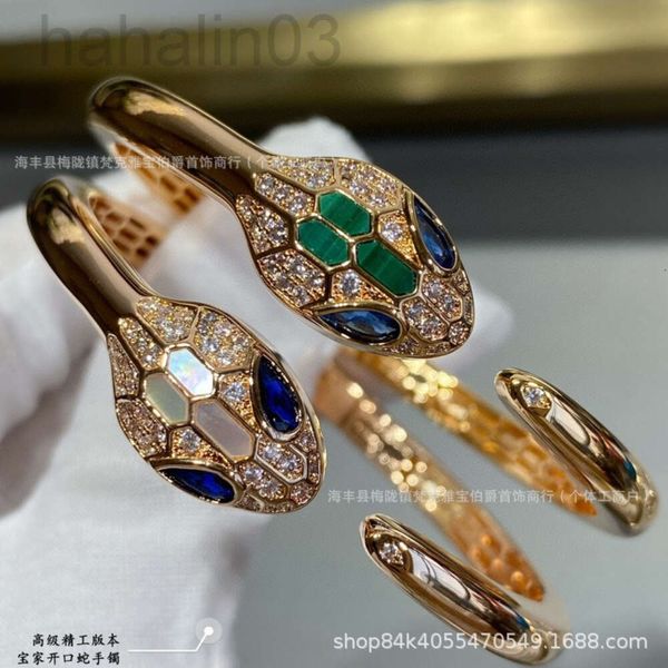 Pulseira de desgosto búlgarie nova precisão avançada Craft v Gold Diamond Full Green Blue Olhos de cabeça dupla cobra aberta Braça branca anel de pedra de pavão de pavão