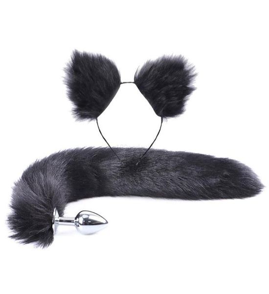 2pcs Conjunto Y Faux Fur Tail Metal Butt Plug fofo Orandes da cabeça para figurino de festas de dramatização Toys de sexo adulto de adultos189x4900120