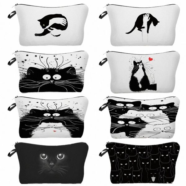 Mulheres Bolsas de Cosméticos Animal Bolsas de maquiagem casuais fofas de gato preto Impressão de viagem Bolsas de armazenamento portáteis de armazenamento Caixa de lápis infantil K4f2#