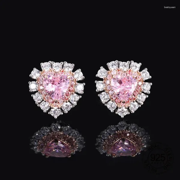 Brincos de garanhão 925 prata esterlina mirco pavor cz jóias forma de coração cor de cor rosa cor corte de alto diamante de carbono