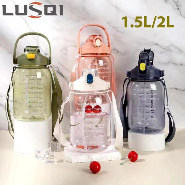 Bottiglie d'acqua Lusqi 1,5L/2L Sport Portable Coppa di grande capacità con pennarello per il campeggio esterno Fitness per escursioni in campeggio