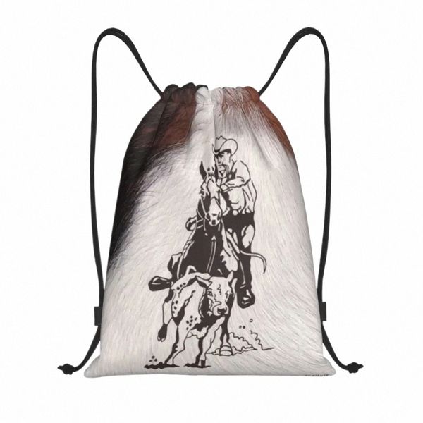 Custom Western Cowboy Rodeo Horse Horse Cowhide Ro Cow Saco de cordão de ginástica Homens Mulheres Backpack de armazenamento de ginástica esportiva leve S0ZS#