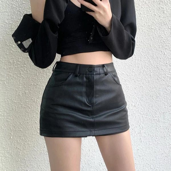 Etekler pu deri kısa etek kadınlar vintage sokak kıyafeti kadın siyah seksi bölünmüş ince ince yüksek bel A-line mini