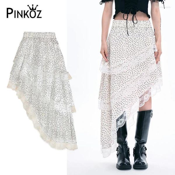 Saias designer pinkoz polka dpt retchwork renda de renda irregular midi cintura elástica de alta moda de rua saia para femme vintage