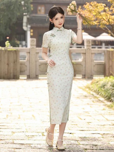 Этническая одежда традиционная китайская печать сатилальная леди Qipao Sexy Slim Split Cheongsam Vintgae Классическое восточное костюм платье