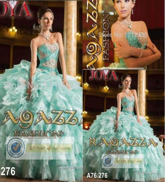 Mint Green Tiered Organza Sweet 15 Dress NOVO 2017 Corset vestido de quinceanera vestido com trem de miçangas 2325851