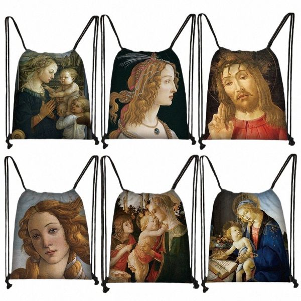 Italienischer Maler Botticelli Ölgemälde Kordelstring -Taschen Frauen Retro Art FI Aufbewahrungstasche Reiseschuhe Halter Teenager Büchertasche S8MV#