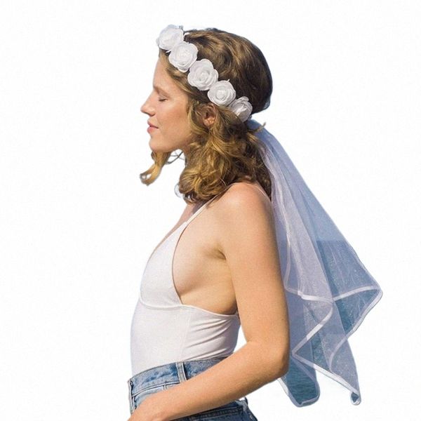 Frauen Bridal FR Haarkranz mit weißer Schleiergirlande Hochzeit Stirnband Kronen Verstellbares Schnürbänder Bachelorette Party 57QC#