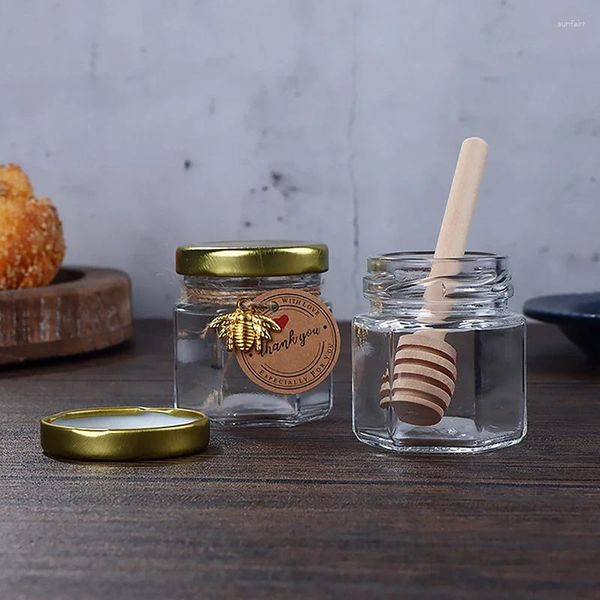 Speicherflaschen 45 ml Sechskant Mini Glas Glas Holz Dilper Gold Deckel Biene Anhänger Jute Seilset oder kleine Behälter für Marmelade Süßigkeiten Honig