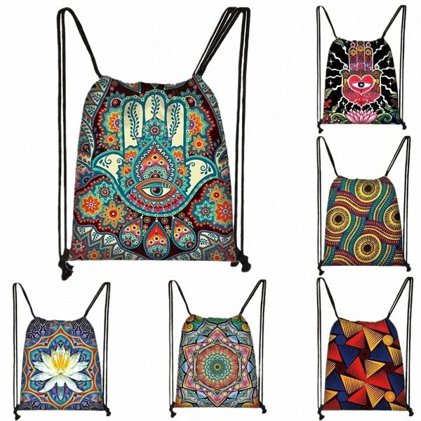 Mandala / Hamsa Fatima Hand / Buddha Lotus FR Backpack Frau Kordel Bag Mädchen Aufbewahrungstasche Damen Reisen Tasche O2in#