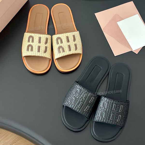 Alta qualidade de verão lympia desliza Raffia feminina Teave Slipper Letter Sandals Sapatos planos de praia Designer de luxo para mulheres Sapatos planos de férias com Box35-42