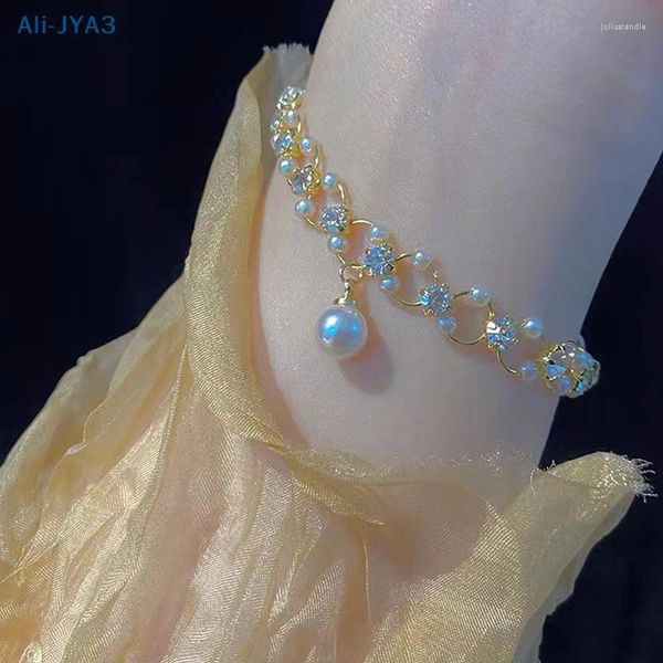 Bracelets de link 2024 Sweet Romantic Romantic Pearl Rhinestone cruzado Bracelete de cores de ouro Acessórios para partido da mulher Jóias de moda coreana