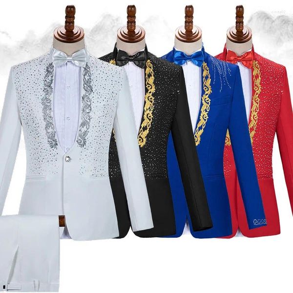 Herrenanzüge weiße Hochzeitsbräutigam Hosen Männer schlank Fit One Knopf Stickstillstand Tuxedo Anzug Peak Revers Stufe Kostüm Traje Hombre