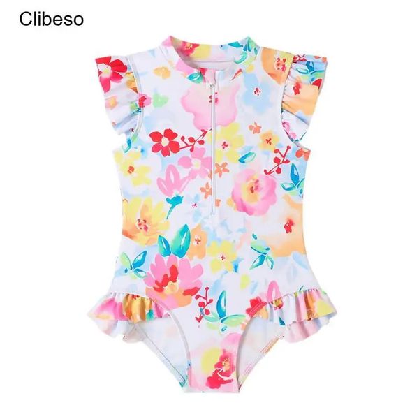 Clibeso bebê menina moda de banho com manga voadora de menu de banho de maiô infantil roupas de natação de uma peça de praia de praia de praia rosa 240416