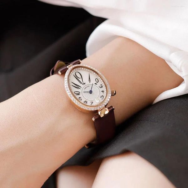 Нарученные часы Top Brand Japan Movement Fashion Oval Quartz Watch for Women Luxury Diamond Set Leather Business