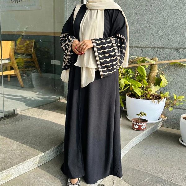 Roupas étnicas mulheres bordados de linho aberto kimono abaya dubai luxo 2024 Islã muçulmano kaftan vestido modesto kebaya maxi robe femme musulmanes