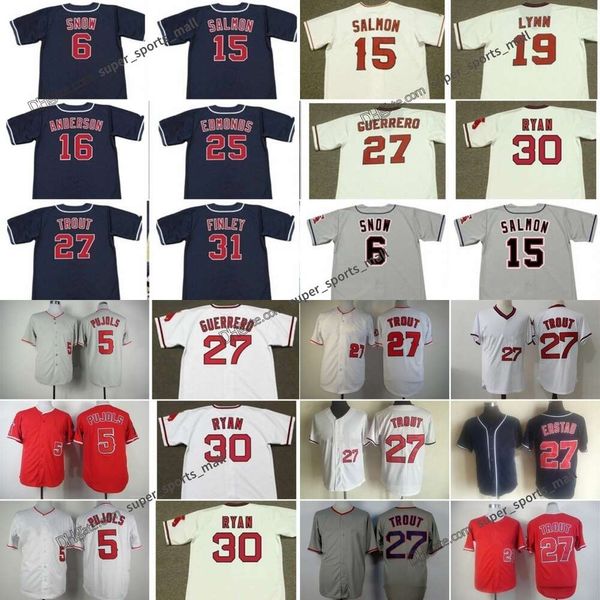 Maglie da baseball di ritorno al passato 27 Erstad TRANKBERT 44 REGGIE Jackson 5 Albert Pujols 19 Andrelton Simmons 15 Tim Salmon 2002 16 Garret Anderson 6 J.T.Snow 1995 29 Rod Carew