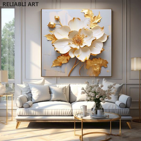 Fiore d'oro astratto con pittura di tela a foglia d'oro, moderne immagini di arte della parete poster di stampa