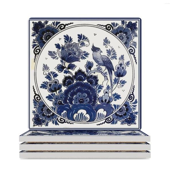 TABELA MATS DULHO AZUL DELFT: Pássaro vintage e flores Imprimem montanhas -russas de cerâmica (quadrado) xícaras de chá para canecas de café Animal