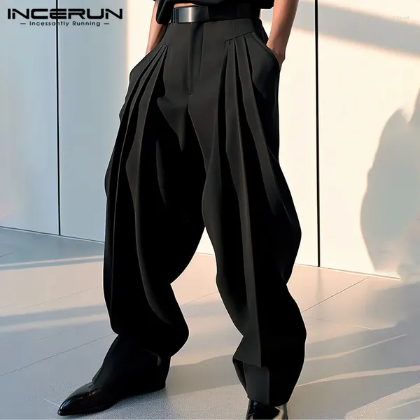 Calça masculina incerun 2024 estilo coreano massalons design plissout gleasplel solle simples casual elegante masculino all-match calças s-5xl