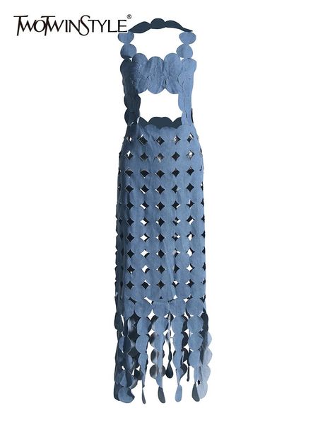 Twotwinstyle Patchwork Denim Dot Hollow Out Sexy For Women Square Collar Sleeseless High Caist Dress Moda feminina 240409