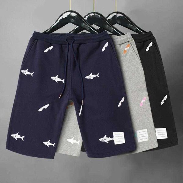 shorts calças de bordados de tubarão na moda calça pentagonal de verão calças sanitárias calças médias esportes de algodão puro e shorts casuais para homens e mulheres