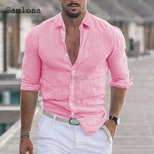 Camisas casuais masculinas Men tops de linho de colarinho virado de colarinho longo Modelo 2023 Blusa da moda europeia Última camisa de verão Mens roupas 24416